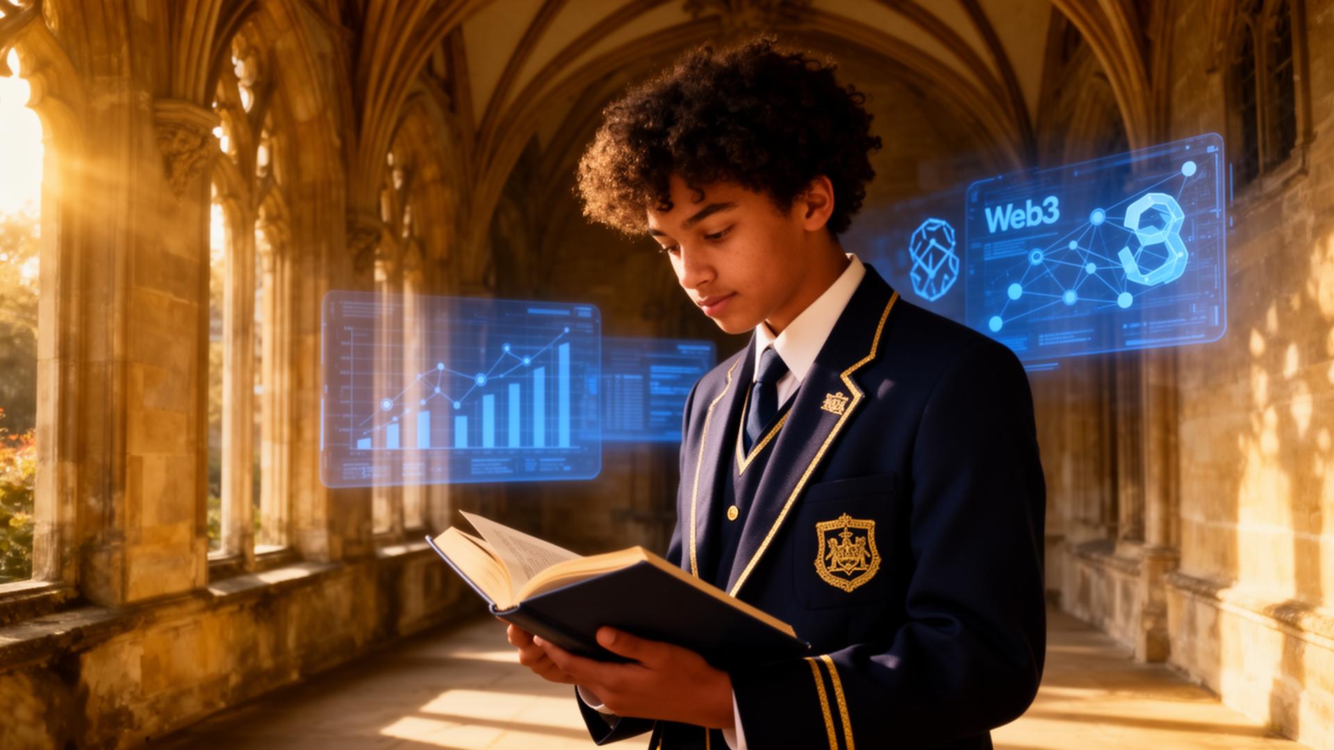 INTERCHANG student in cloister with web3 holograms